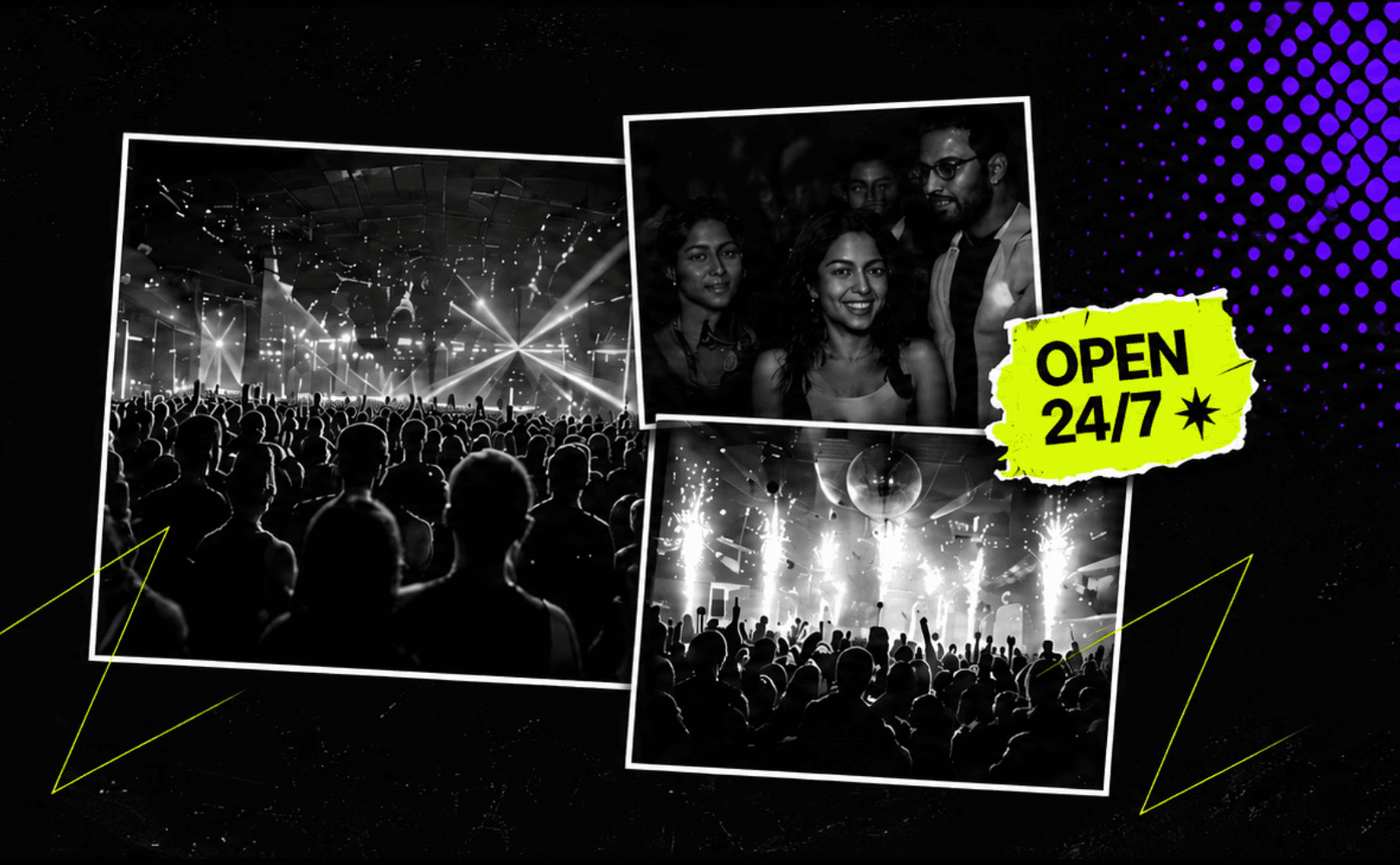 Colagem de fotos em preto e branco: pista lotada, grupo de amigos e show com luzes.
